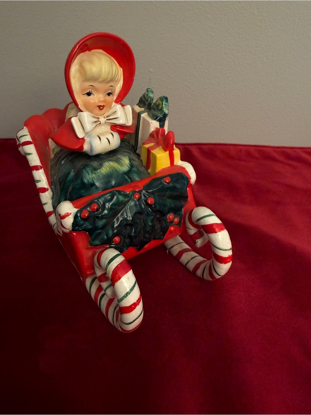 Vintage Lefton Christmas Shopper Girl in Candy Cane Sleigh